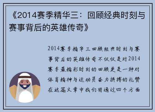 《2014赛季精华三:回顾经典时刻与赛事背后的英雄传奇》 《2014赛季精华三:回顾经典时刻与赛事背后的英雄传奇》
