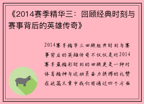 《2014赛季精华三:回顾经典时刻与赛事背后的英雄传奇》 《2014赛季精华三:回顾经典时刻与赛事背后的英雄传奇》